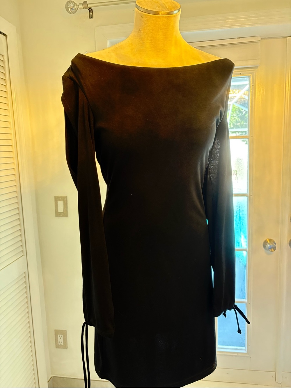 Black Off-Shoulder Long-Sleeve Dress with Tie Cuffs